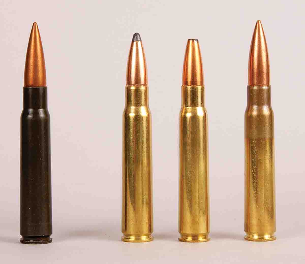 These cartridges include (left to right): an original German military round, a Hornady 195-grain Spire Point factory load, a Norma 196-grain softpoint factory load and a Mitchell’s Mausers 198-grain FMJ factory load.